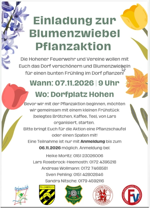 Einladung zur Blumenzwiebel-Pflanzaktion am 7. November 2026 um 9 Uhr auf dem Dorfplatz Hohen.
